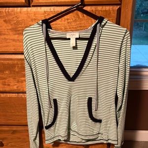 LOFT • Green Blue Trim Stripe V-neck Hoodie • M